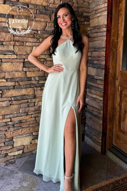 Sage Simple A Line Halter Chiffon Wedding Guest Dress with Slit, BD25044