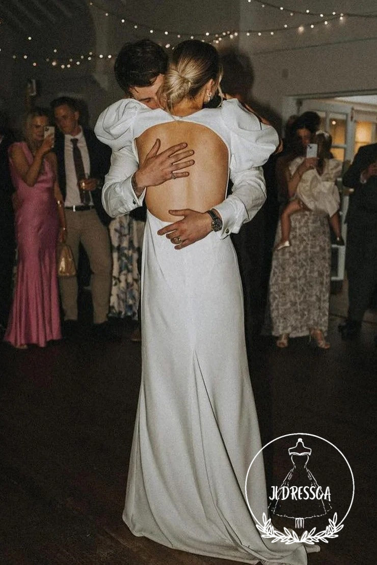 Fairy Long A-Line Elastic Satin Wedding Dresses with V Neck, WD25007