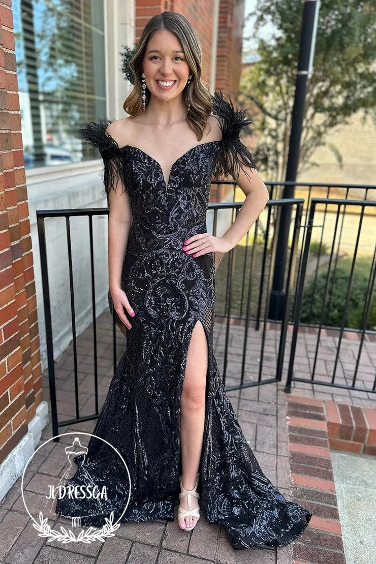 Black Long Off-the-Shoulder Mermaid Prom Dresses with Sequin Lace, PD25954