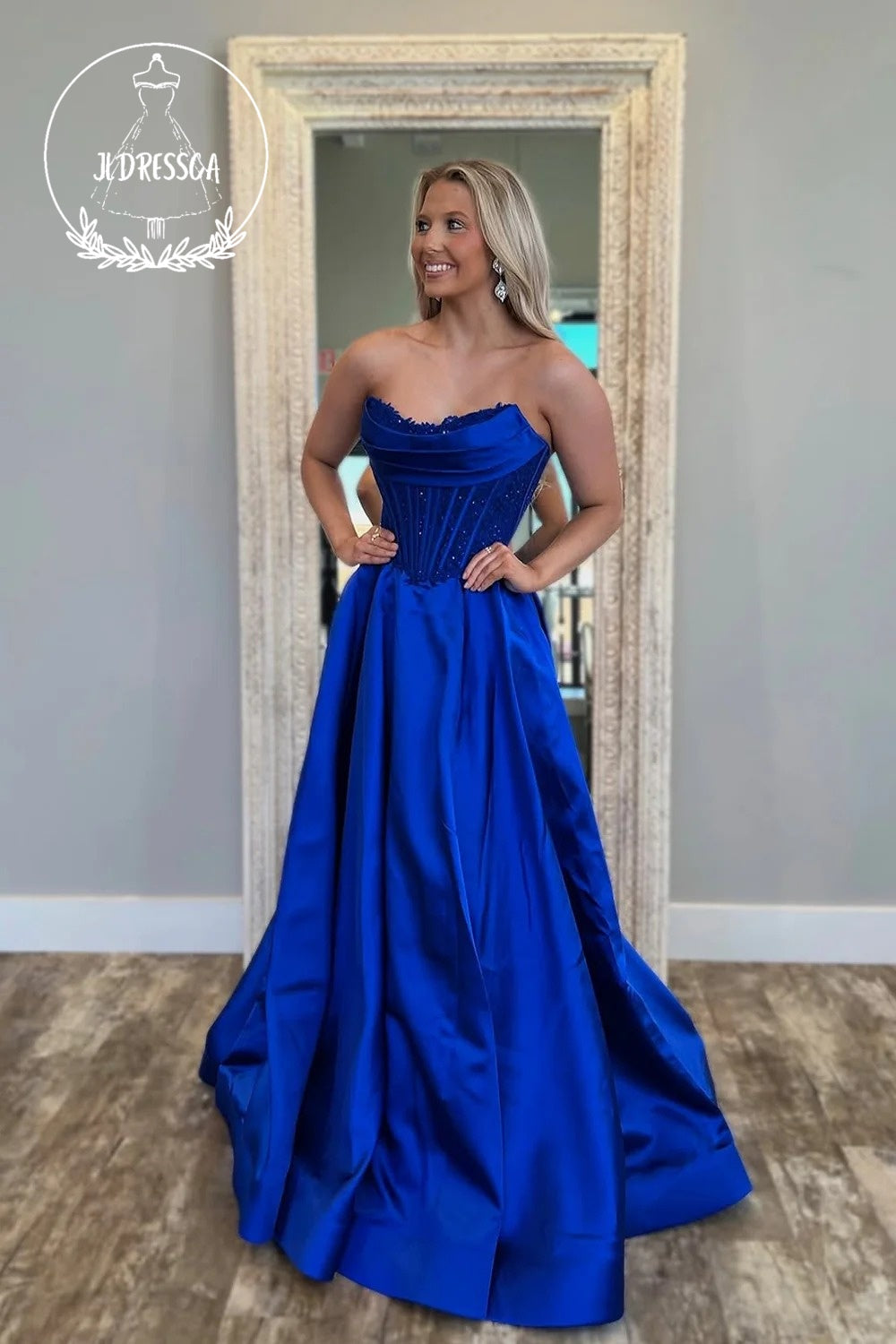 Royal Blue Strapless A-Line Satin Long Prom Dress with Pockets, PD25834