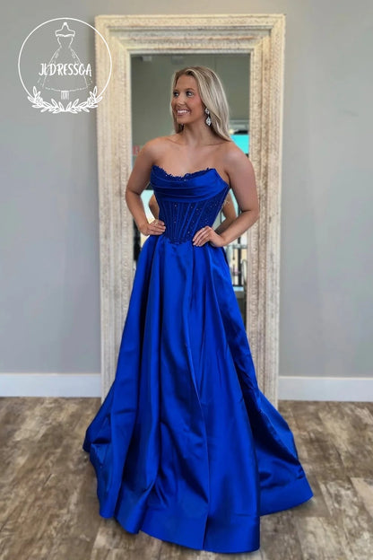 Royal Blue Strapless A-Line Satin Long Prom Dress with Pockets, PD25834