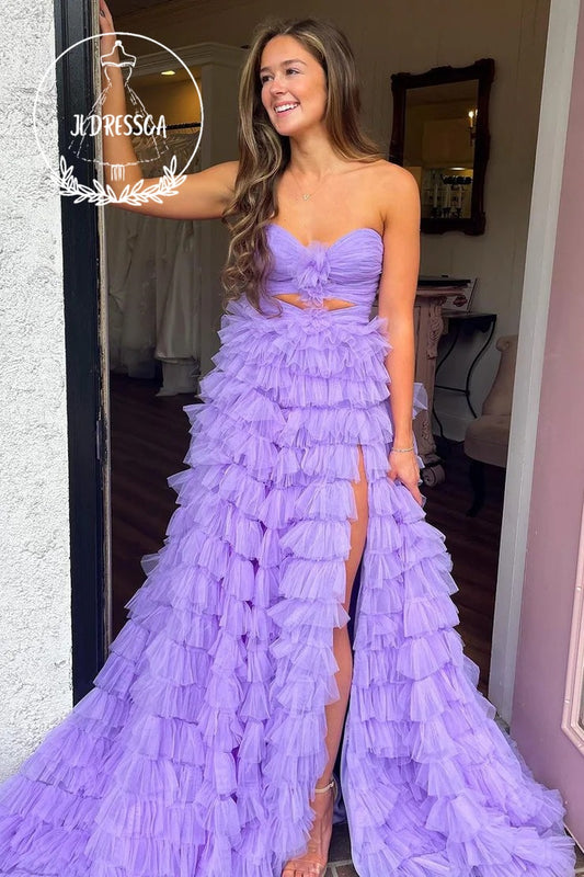 Lavender Sweetheart Tiered Tulle A - Line Long Prom Dress, PD25924