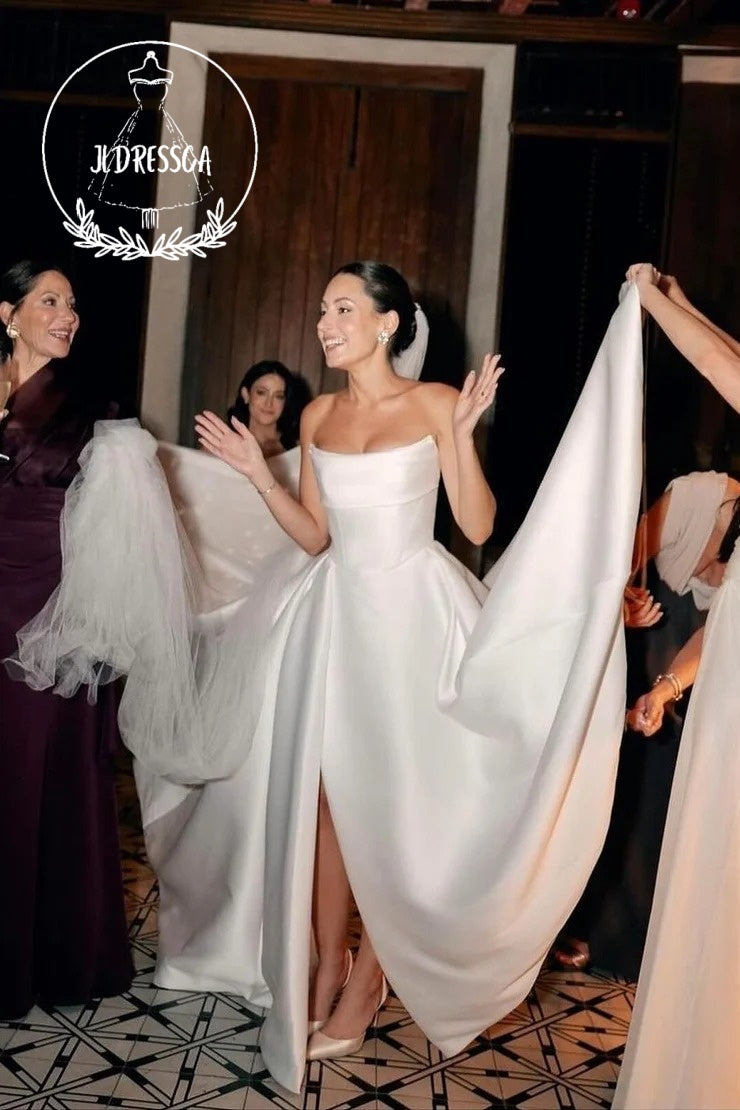 Elegant White Strapless Satin Wedding Dresses, WD25024