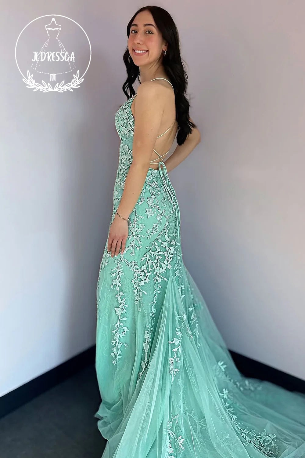 Mint Scoop Neck Mermaid Tulle Long Prom Dress with Appliques, PD25844