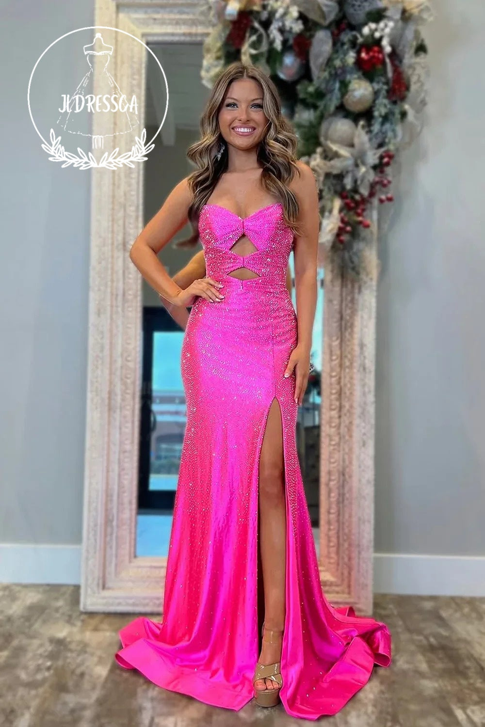 Sparkly Long Mermaid Sweetheart Hot Pink Satin Prom Dresses with Hot Stone Beading, PD25934
