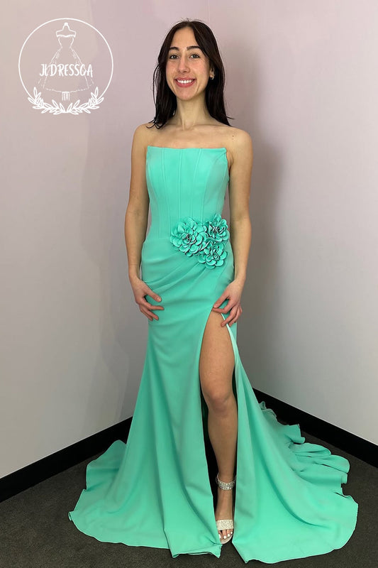 Mint Strapless Mermaid Satin Long Prom Dress with Slit, PD25824