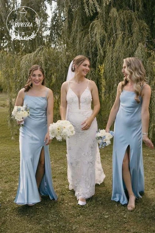 Light Blue Sheath Straps Simple Silk Satin Bridesmaid Dresses with Slit, BD25024