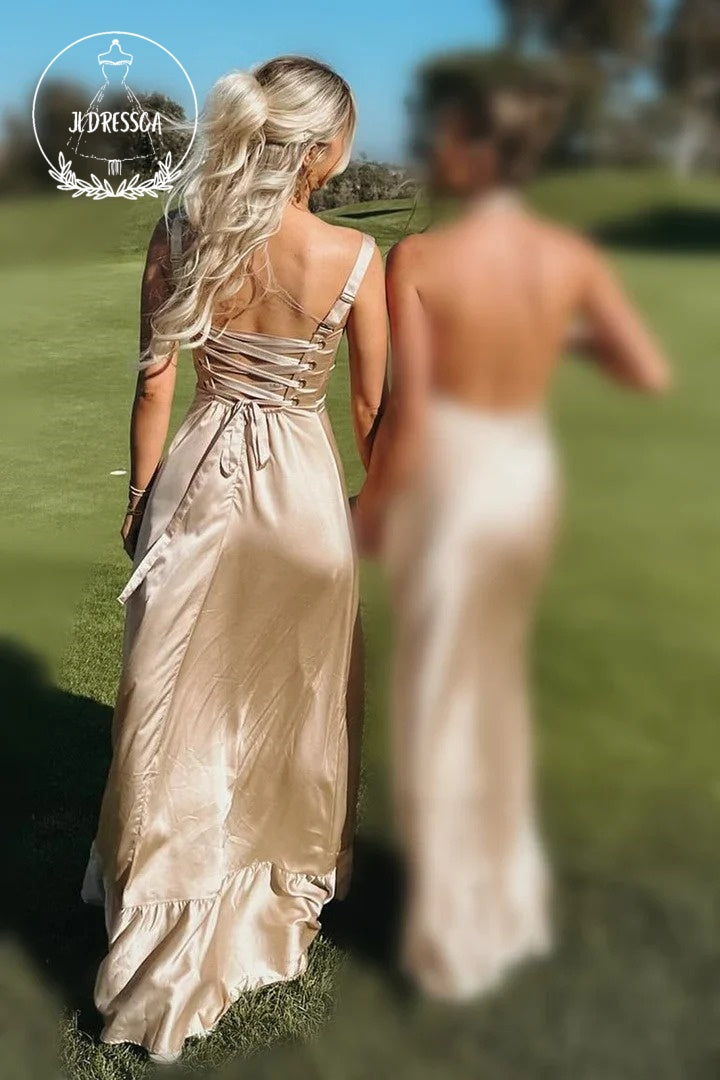 Satin Sheath Straps Fashion Tea Length Bridesmaid Dresses with Slit, BD25034