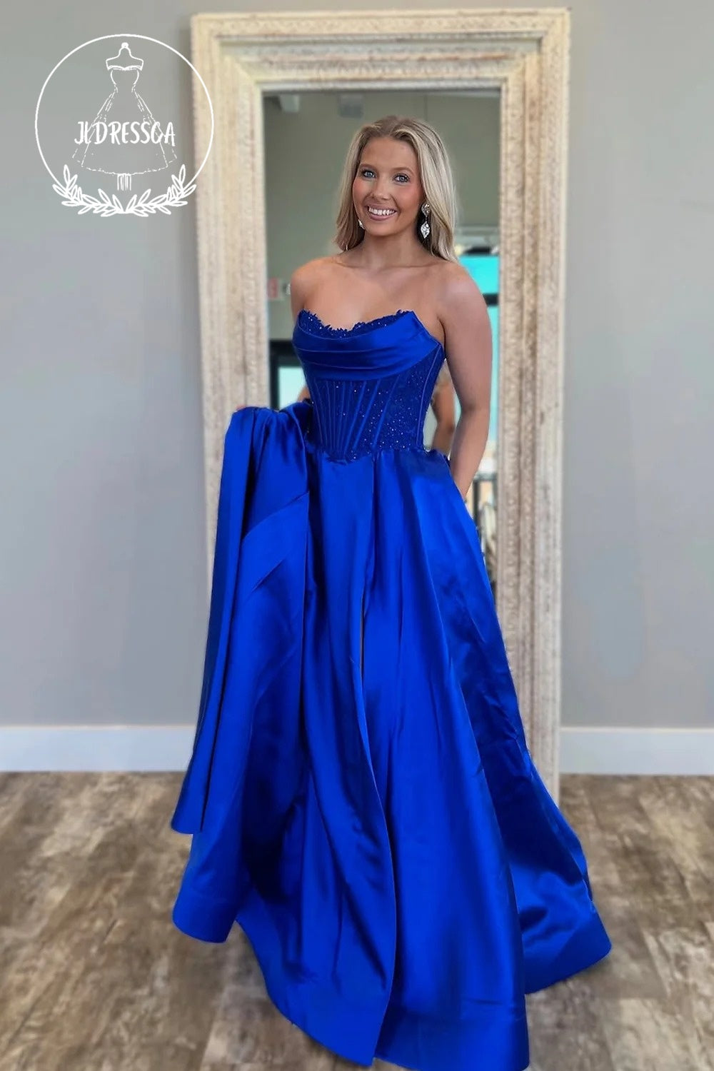 Royal Blue Strapless A-Line Satin Long Prom Dress with Pockets, PD25834