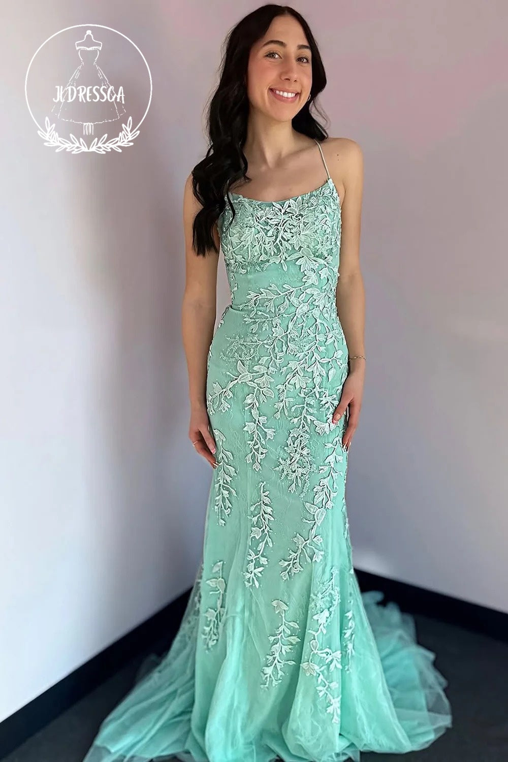 Mint Scoop Neck Mermaid Tulle Long Prom Dress with Appliques, PD25844