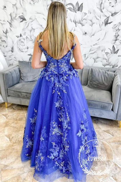 Periwinkle V-Neck A-Line Long Prom Dress with Floral Embroidery , PD25894