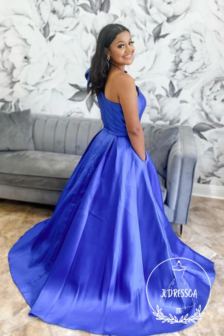 Royal Blue One Shoulder Satin Prom Dress with Pockets and Bow Tie, PD25874