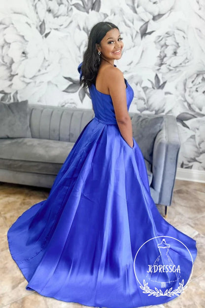 Royal Blue One Shoulder Satin Prom Dress with Pockets and Bow Tie, PD25874