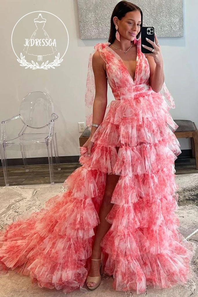 Red V-Neck Tie Straps Floral Print Layered Long Prom Dress, PD25854