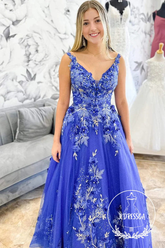 Periwinkle V-Neck A-Line Long Prom Dress with Floral Embroidery , PD25894