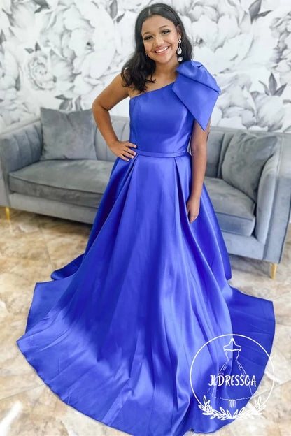 Royal Blue One Shoulder Satin Prom Dress with Pockets and Bow Tie, PD25874