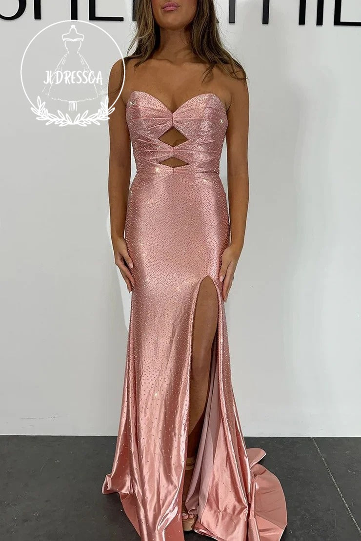 Sparkly Long Mermaid Sweetheart Hot Pink Satin Prom Dresses with Hot Stone Beading, PD25934