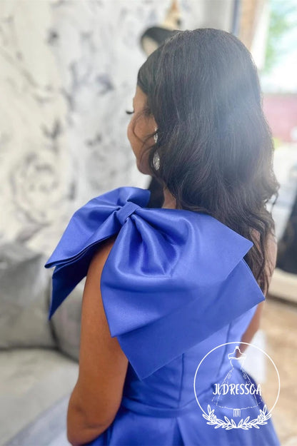 Royal Blue One Shoulder Satin Prom Dress with Pockets and Bow Tie, PD25874