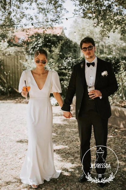 Fairy Long A-Line Elastic Satin Wedding Dresses with V Neck, WD25007