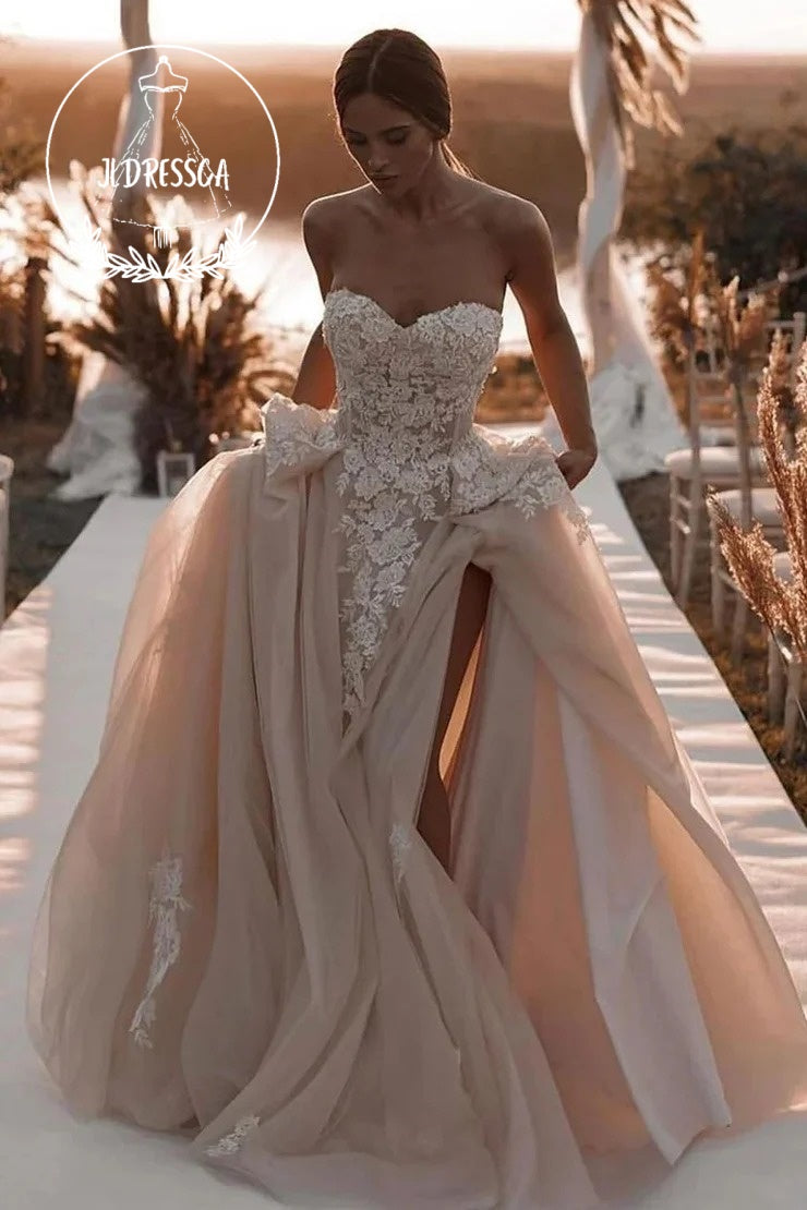 Charming Dark Champagne Long Ball Gown Wedding Dresses with Sweetheart Neckline and Appliques, WD25014