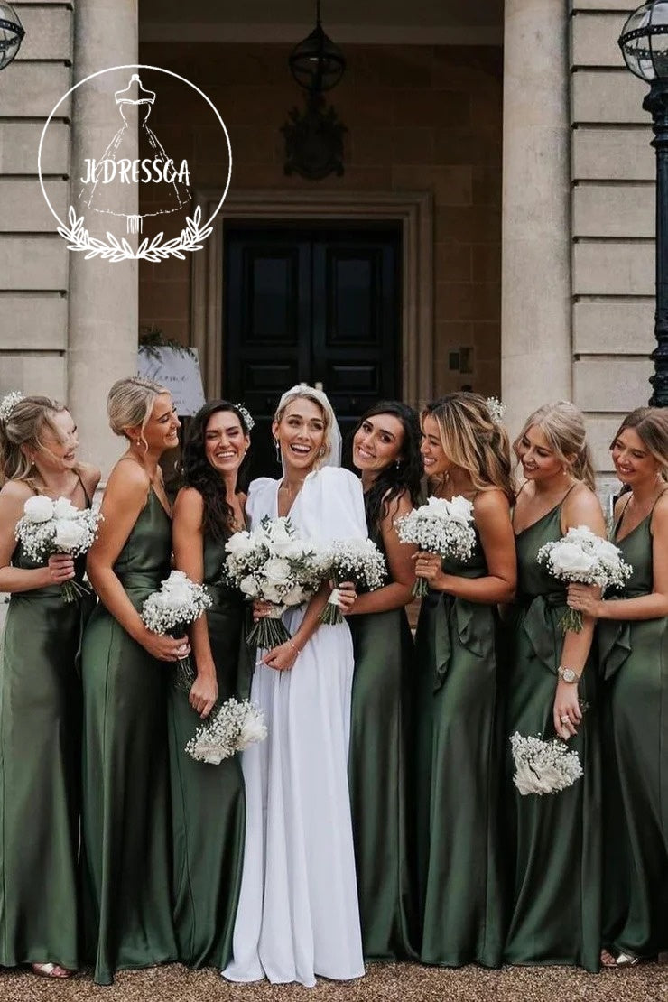 Sheath V - Neck Green Silk Satin Belted Bridesmaid Dresses, BD25004