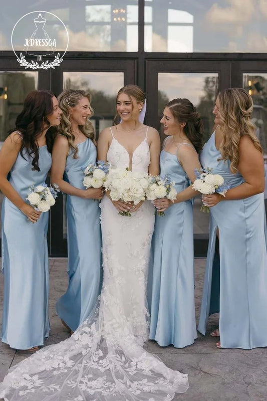 Light Blue Sheath Straps Simple Silk Satin Bridesmaid Dresses with Slit, BD25024