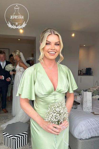 Light Green Sheath V Neck Simple Satin Bridesmaid Dress with Ruffled Sleeves, BD25014