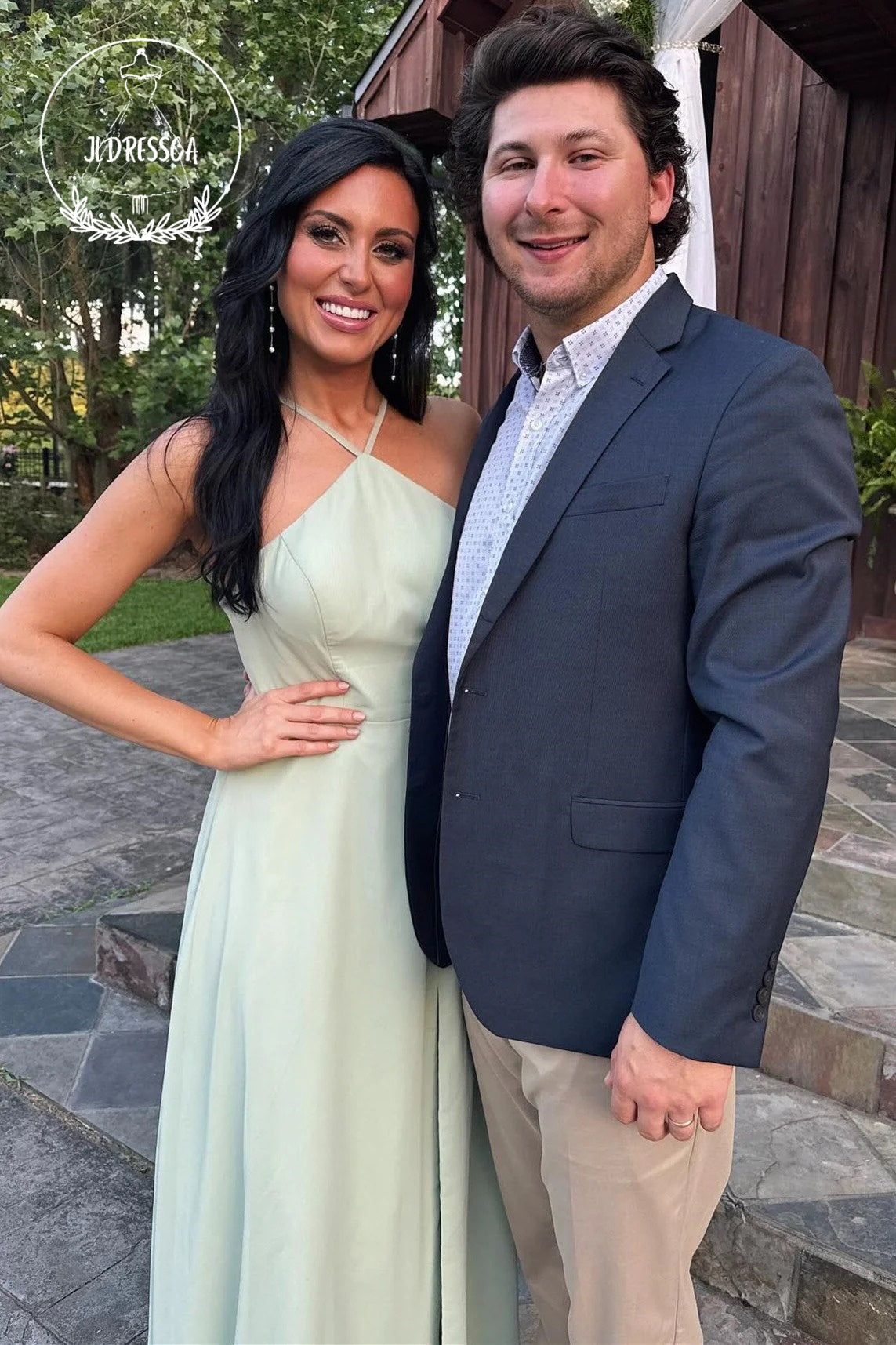 Sage Simple A Line Halter Chiffon Wedding Guest Dress with Slit, BD25044