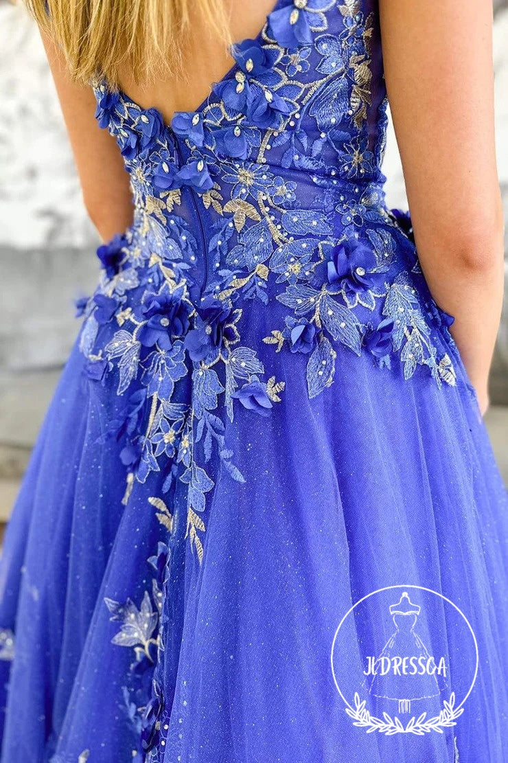 Periwinkle V-Neck A-Line Long Prom Dress with Floral Embroidery , PD25894
