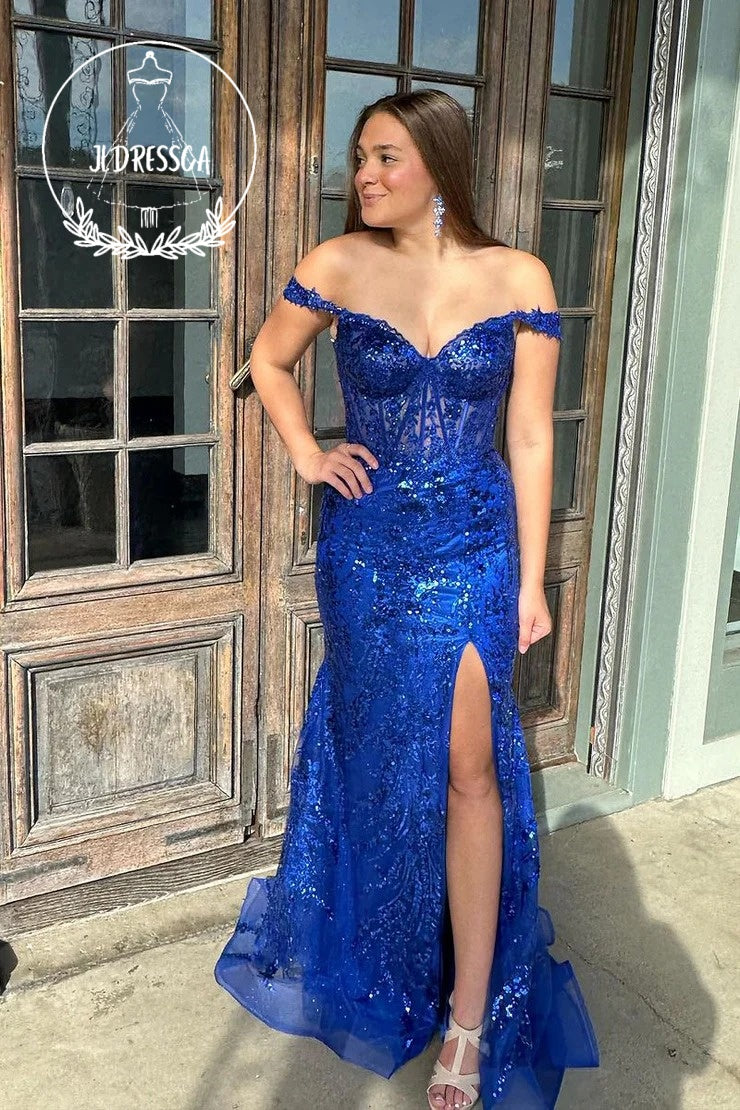 Royal Blue Long Off the Shoulder Sequin Lace Prom Dresses with Slit, PD25944