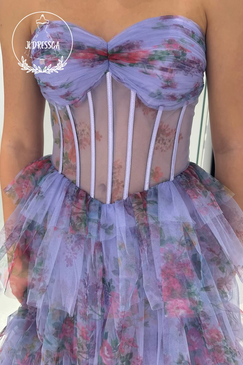 Floral Printed Sweetheart A-Line Ruffle Tiered Long Prom Dress with Slit, PD25825