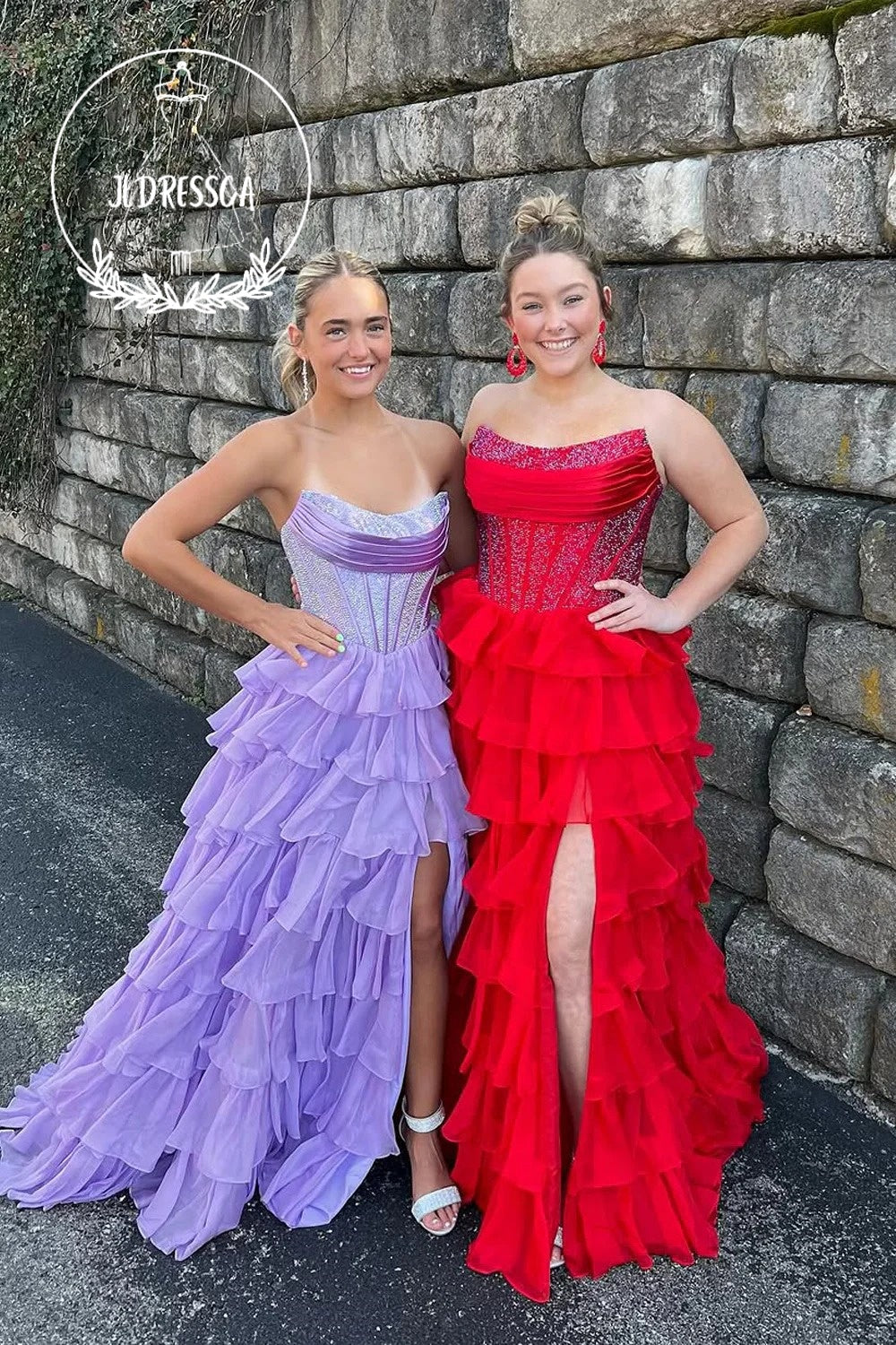 Ball Gown Long Strapless Royal Blue Tiered Ruffle Prom Dresses with Beadings, PD25935