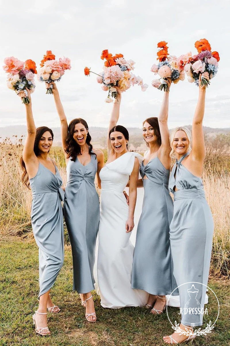 Light Grey Sheath V Neck Chic Silk Satin Tea Length Bridesmaid Dresses, BD25035