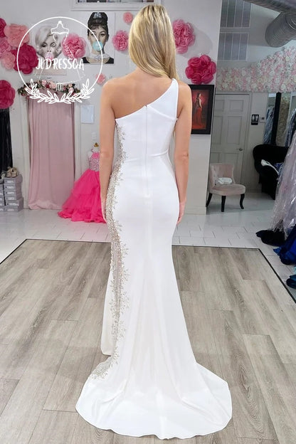 One-Shoulder Long White Formal Mermaid Dress in Sheer Mesh with Beading, PD25965