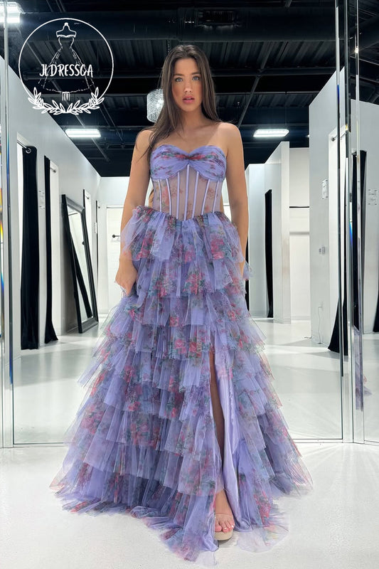 Floral Printed Sweetheart A-Line Ruffle Tiered Long Prom Dress with Slit, PD25825