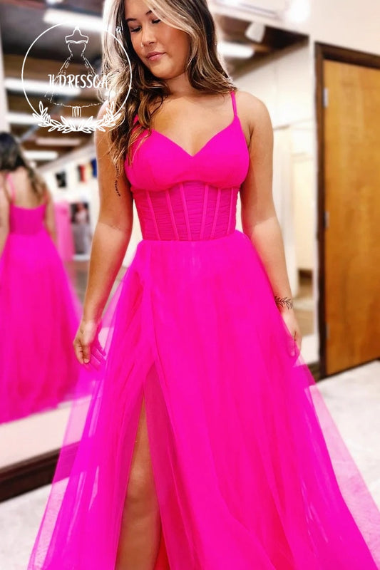 Fuchsia V-Neck Sheer Bodice A-Line Long Prom Dress with Slit, PD25915