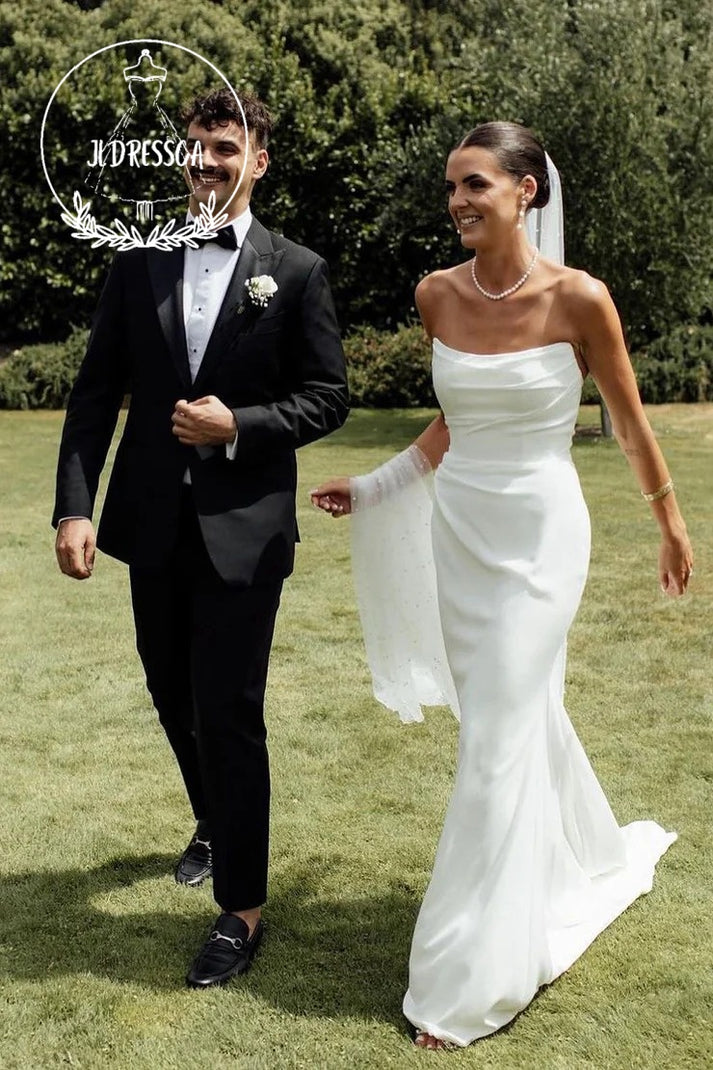 Charming White Strapless Satin Tulle Mermaid Bridal Dress Long Wedding Dress