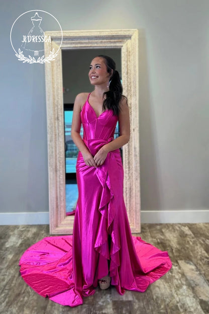 Pink V Neck Mermaid Satin Long Prom Dress with Ruffle Slit, PD25835