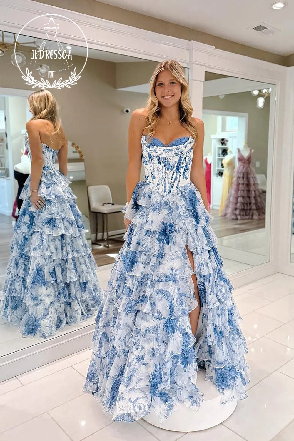Blue Strapless A - Line Princess Floral Printed Chiffon Long Prom Dress with Slit, PD25845