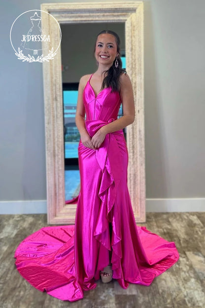Pink V Neck Mermaid Satin Long Prom Dress with Ruffle Slit, PD25835