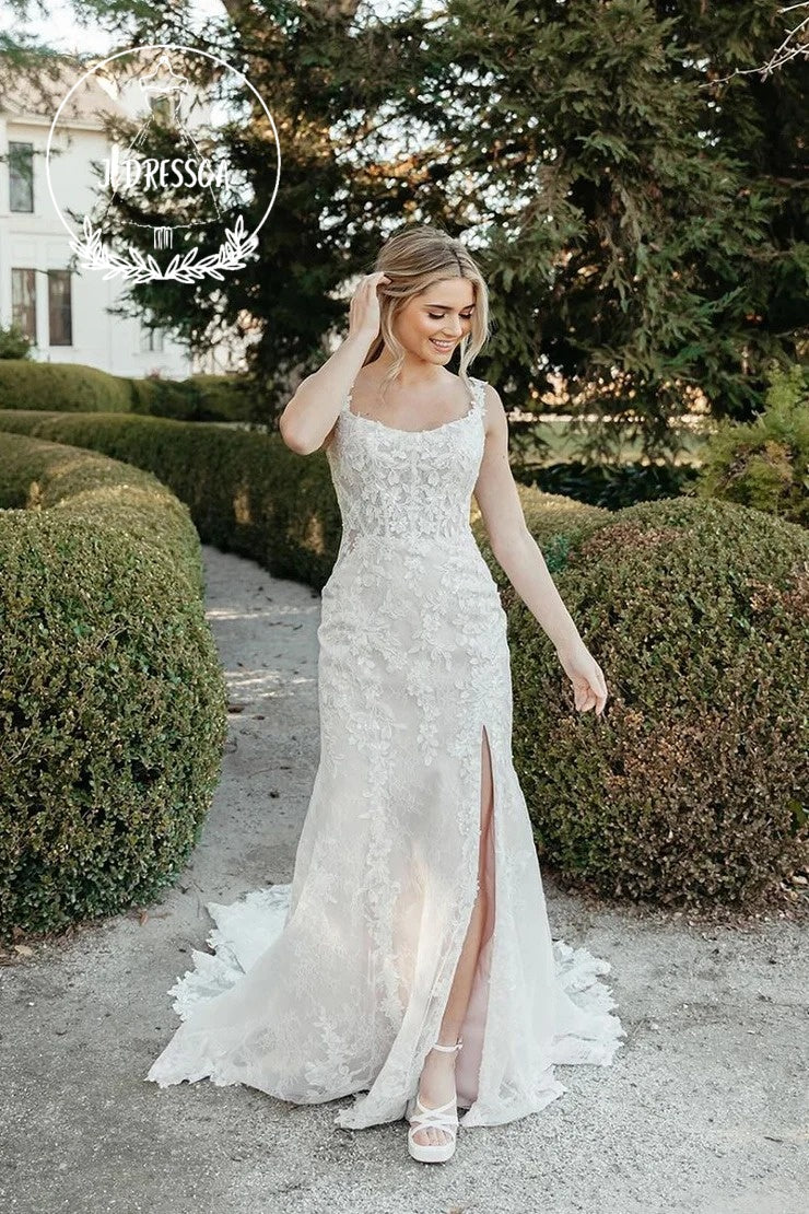 Dazzling Long Mermaid Lace Wedding Dresses with Square Neck and Slit, WD25015