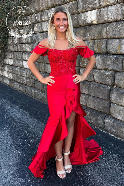 Red Cold Shoulder Mermaid Satin Long Prom Dress with Ruffle Slit, PD25885