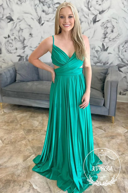 Emerald Green A-Line Pleated Formal Dress, PD25895