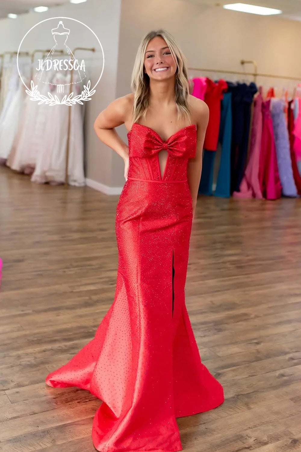 Red Strapless Mermaid Satin Beads Long Prom Dress with Slit, PD25905