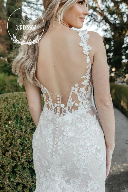 Dazzling Long Mermaid Lace Wedding Dresses with Square Neck and Slit, WD25015
