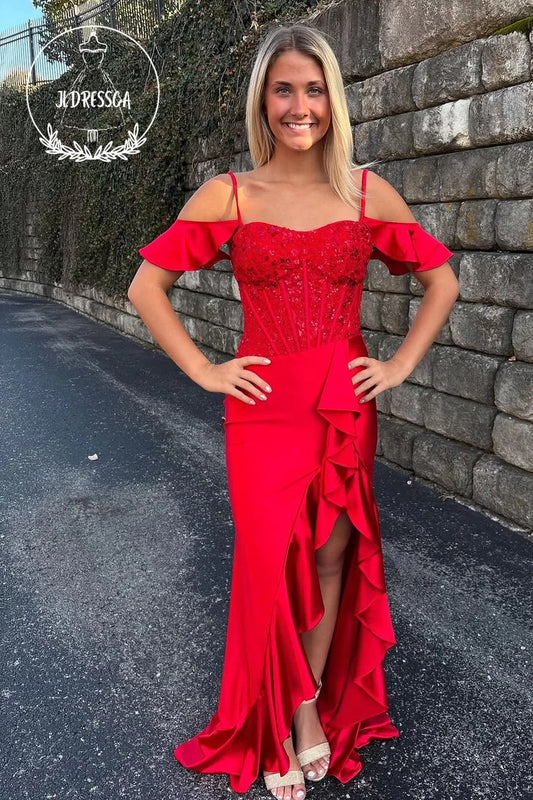 Red Cold Shoulder Mermaid Satin Long Prom Dress with Ruffle Slit, PD25885