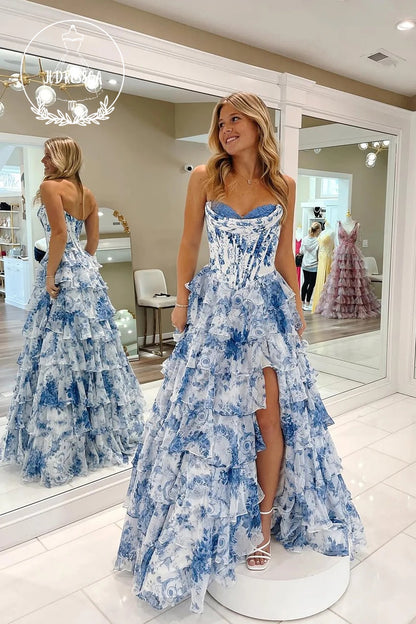 Blue Strapless A - Line Princess Floral Printed Chiffon Long Prom Dress with Slit, PD25845