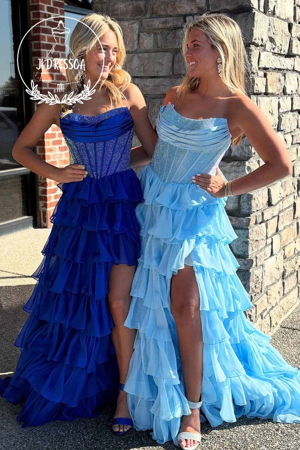 Ball Gown Long Strapless Royal Blue Tiered Ruffle Prom Dresses with Beadings, PD25935