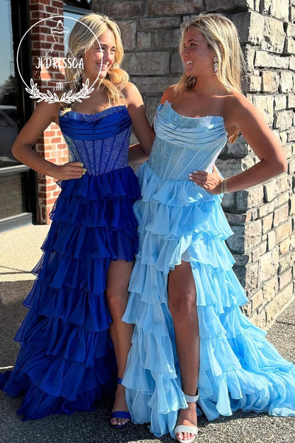 Ball Gown Long Strapless Royal Blue Tiered Ruffle Prom Dresses with Beadings, PD25935
