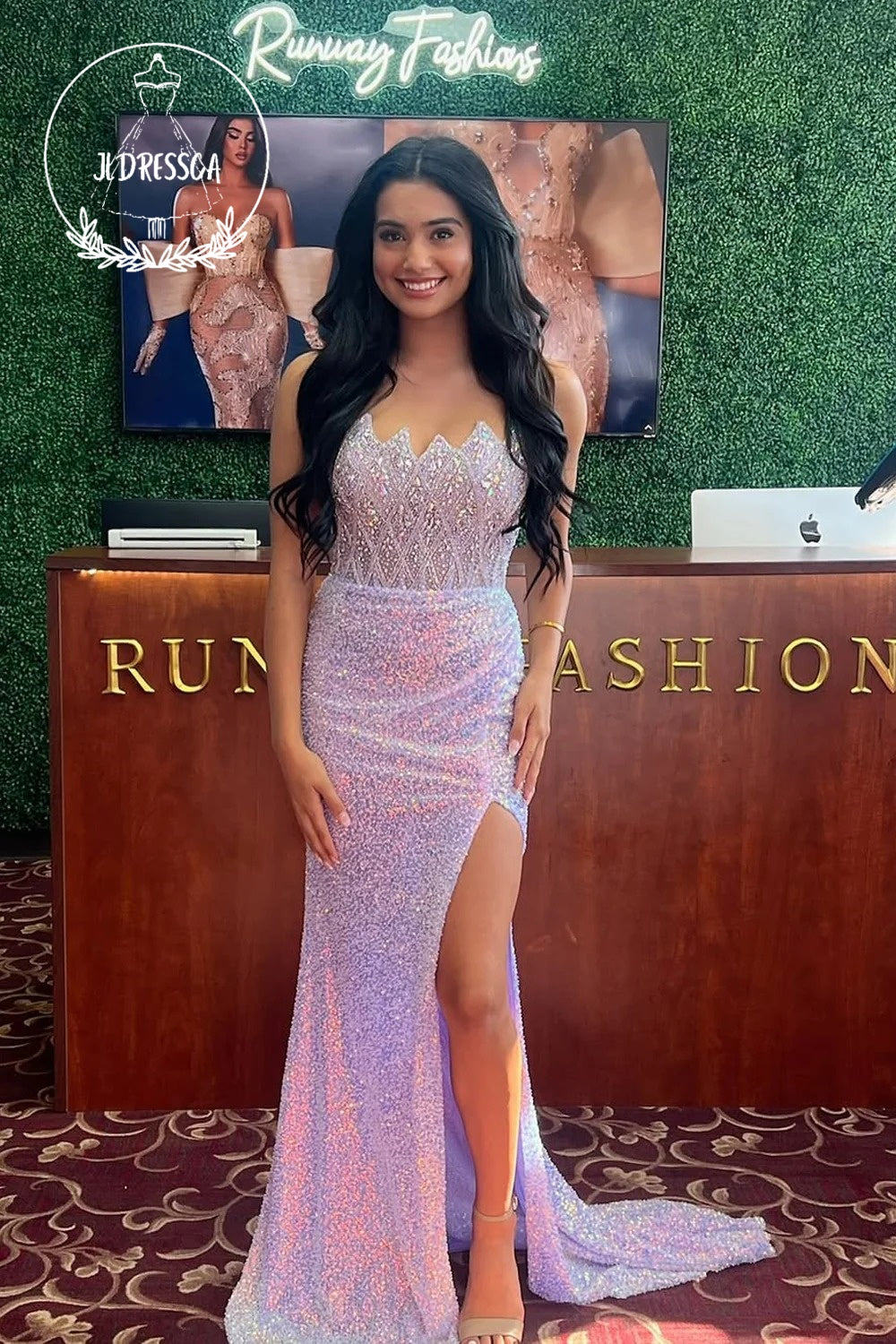 Lilac Strapless Mermaid Sequins Long Prom Dress with Slit, PD25865